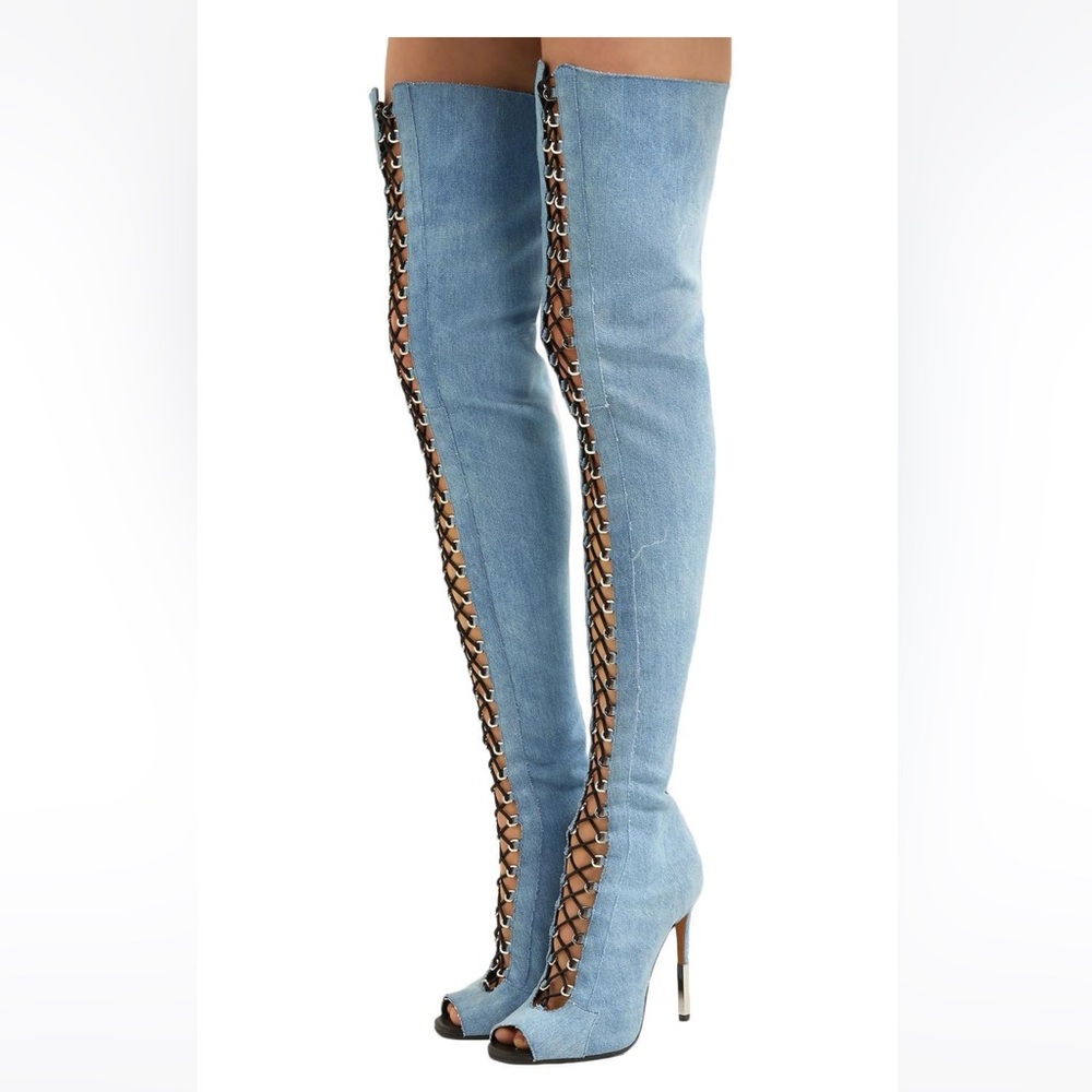 Light blue , cotton/, lace up high , branded, high stiletto , 100% cotton
